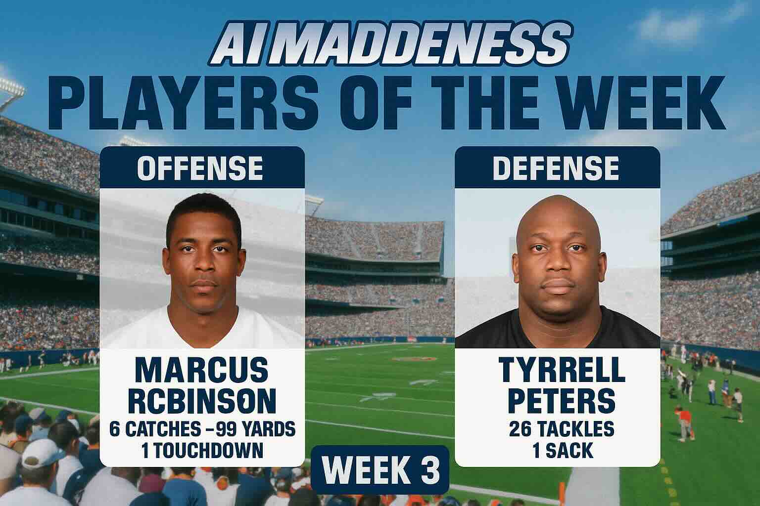 AI MADDENESS

PLAYERS OF THE WEEK

OFFENSE
MARCUS ROBINSON
6 CATCHES - 99 YARDS
1 TOUCHDOWN

DEFENSE
TYRRELL PETERS
26 TACKLES
1 SACK

WEEK 3