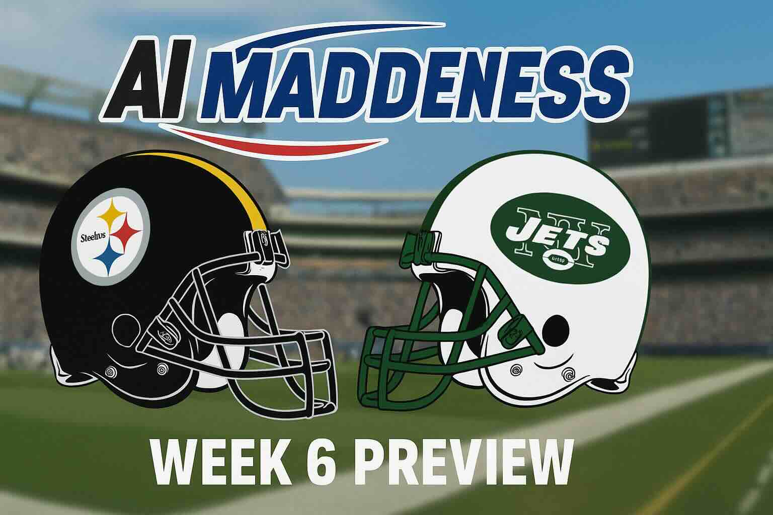 Sure! The text in the image is:

"AI MADDENESS

Steelus

JETS

WEEK 6 PREVIEW"