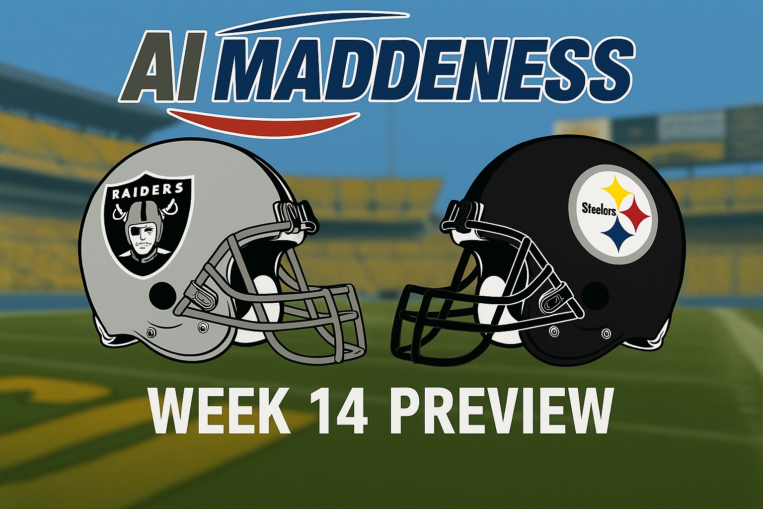 Sure, the text from the image is:

"AI MADDENESS

RAIDERS  STEELERS

WEEK 14 PREVIEW"